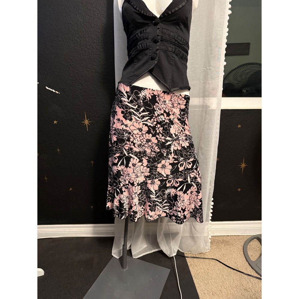 Claudia Richard Pink Black Floral Midi Skirt Ruffle Hem Y2K Small Made in USA